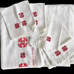 European White Linen & Red Embroidery Tablecloth & Napkin Set